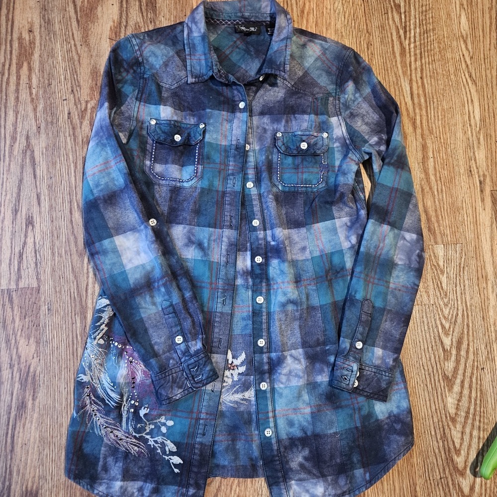 Miss Me Plaid Flannel Embroidered Embellished Button Down‎ Long Sleeve Medium